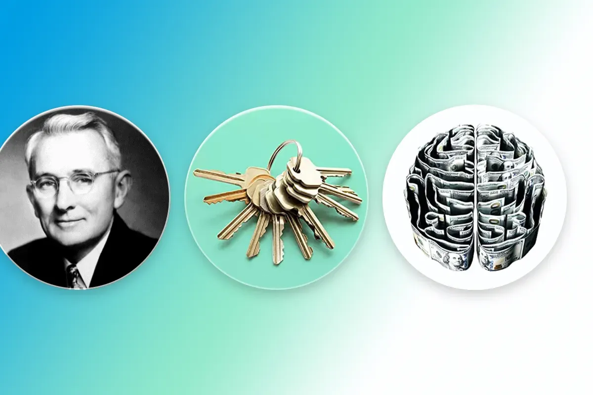 Three circles on a blue-green gradient: a black-and-white portrait of a man in glasses, a ring of brass keys, and a brain made of folded dollar bills