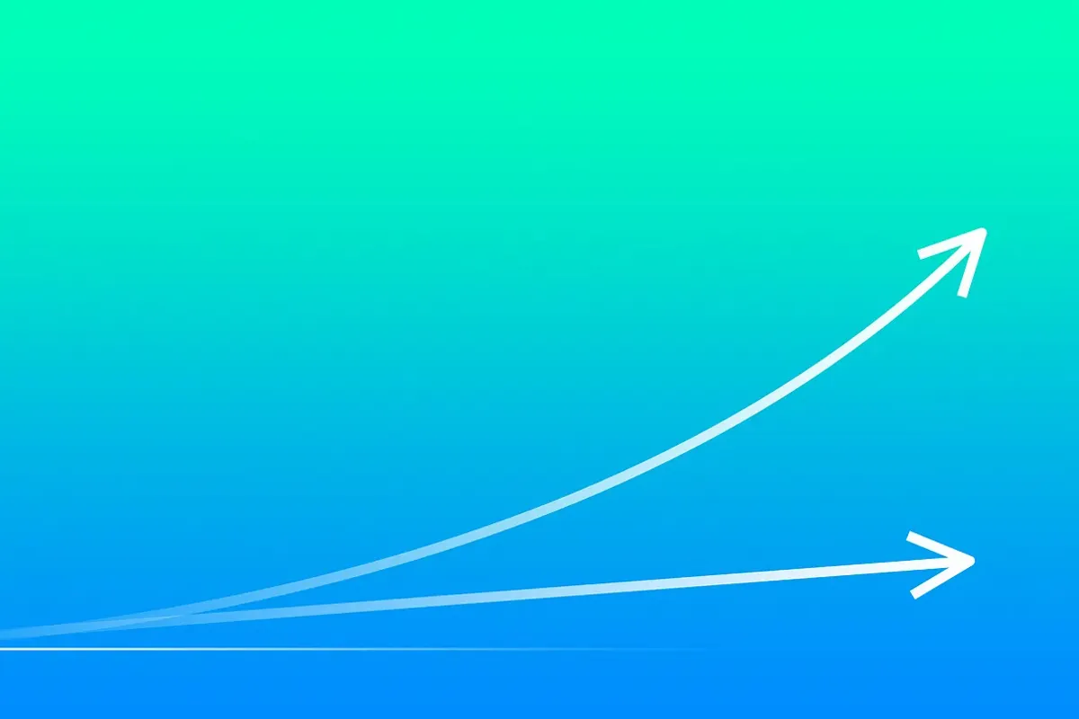 Two white arrows on a teal-to-blue gradient, one rising linearly and one curving upward exponentially