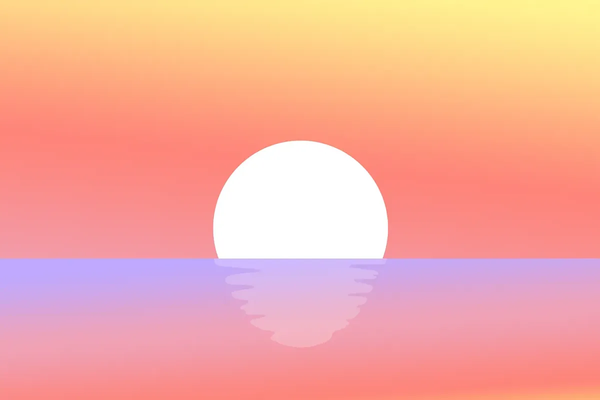 A white sun setting into a calm sea under a pink-and-yellow gradient sky
