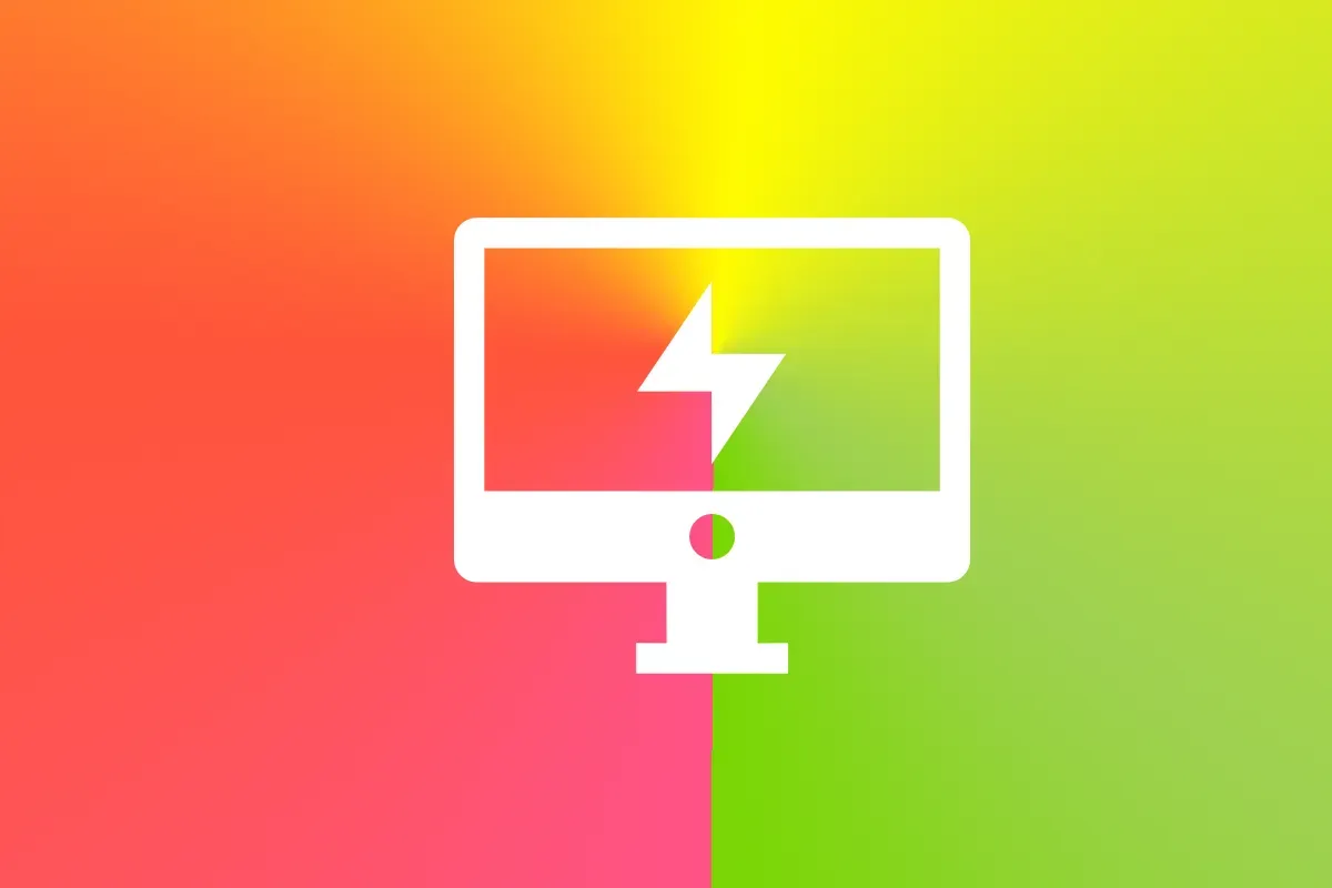 A white desktop monitor icon with a lightning bolt on a split orange-pink and yellow-green gradient